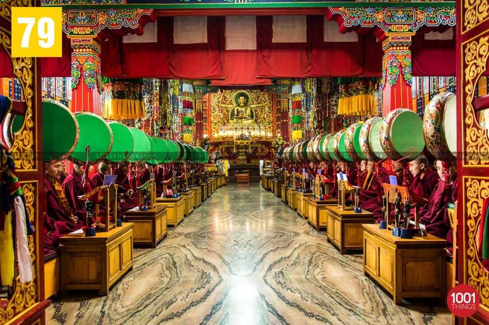 Monks praying at Bokar Monastery, Mirik